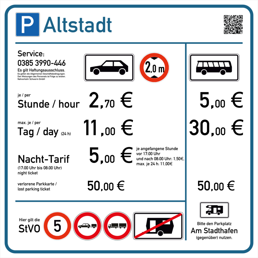 Parkplatz-Information zu Preisen, höhe der Fahrzeuge